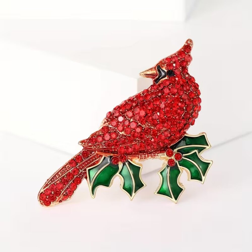 Red Cardinal Crystal Holiday Brooch Pin - Unbranded